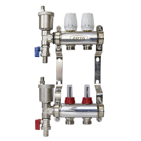 Коллектор нерж. ZOTA 2 выхода в сборе (расходомер, воздухоотводчик, сливной кран) /44912/ упак 8шт