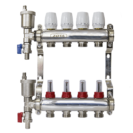 Коллектор нерж. ZOTA 4 выхода в сборе (расходомер, воздухоотводчик, сливной кран) /44835/ упак 5шт
