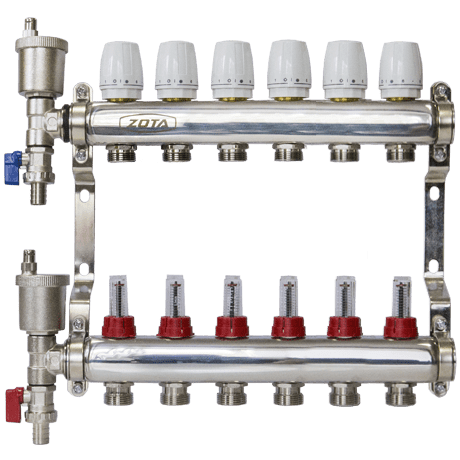 Коллектор нерж. ZOTA 6 выходов в сборе (расходомер, воздухоотводчик, сливной кран) /44839/ упак 5шт