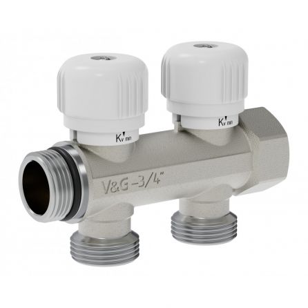 Коллектор регулирующий 3/4″ х 3/4″ евроконус 2 выхода VALOGIN (упак.12шт) / VG-901101/ - основной вид