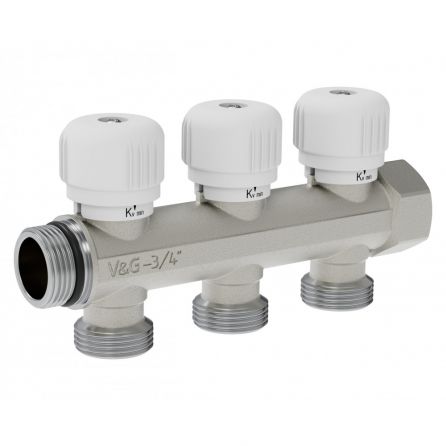 Коллектор регулирующий 3/4″ х 3/4″ евроконус 3 выхода VALOGIN (упак. 8шт) / VG-901102/ - основной вид