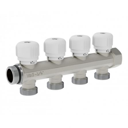 Коллектор регулирующий 3/4″ х 3/4″ евроконус 4 выхода VALOGIN (упак.7шт) / VG-901103/ - основной вид